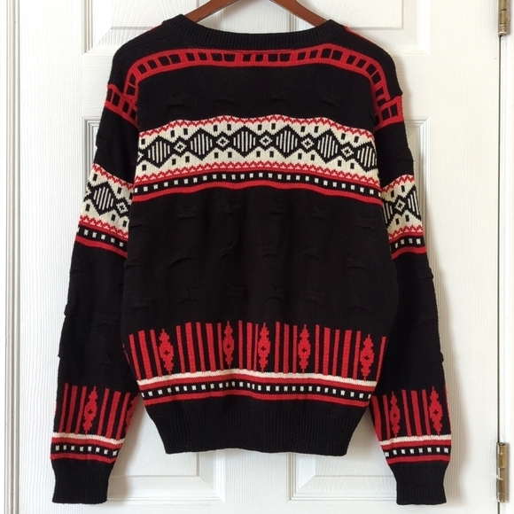 Beldoch Popper 80's Vintage Fair Isle & Pinched Knit Cardigan Sweater Black L - Picture 8 of 9